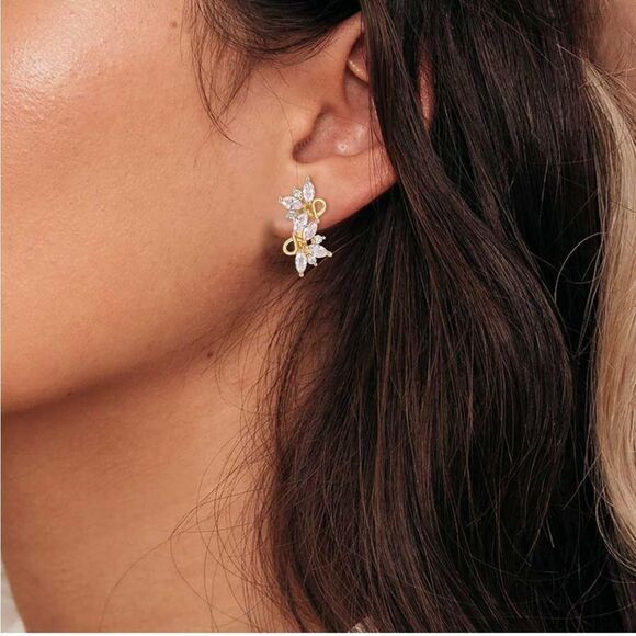 Yellow Gold with White Diamond Cubic Zirconia French Clip Post Flower Earrings - Picture 3 of 5